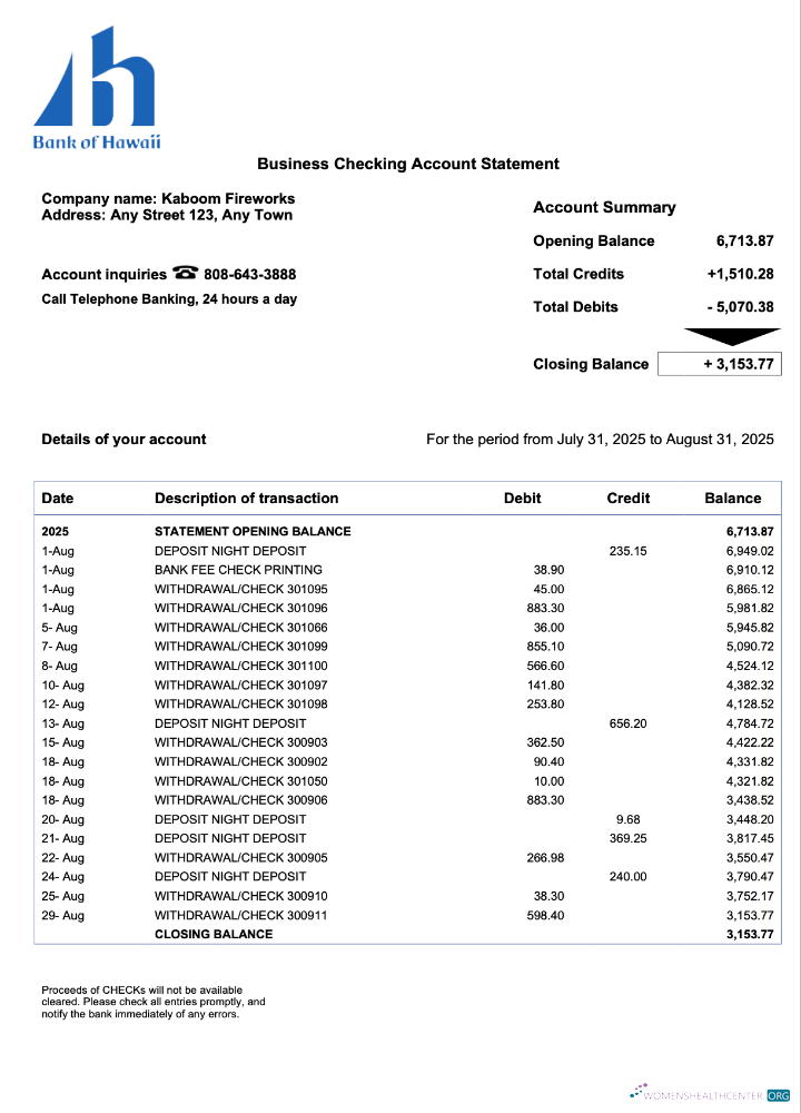 Download Samoa Bank of Hawaii business account statement Word and PDF template Photoshop template